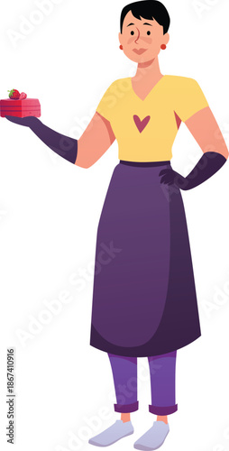 A woman with a short haircut, wearing an apron and gloves, holds a bar of strawberry soap.