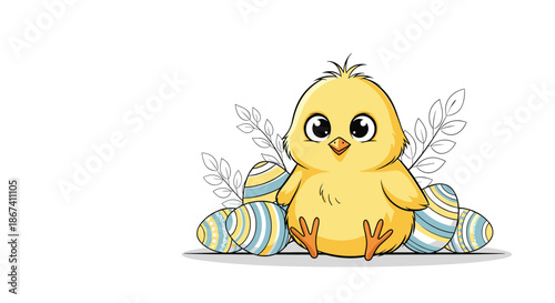 Cute fluffy little yellow chick sitting surrounded by decorative colorful Easter eggs and delicate foliage on a plain white background.