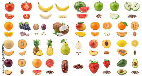 Collection of various fruits including apples, bananas, watermelon, grapes, coconut, mango, citrus, pineapple, pear, avocado, and strawberries, arranged with slices and seeds on a clean white backgrou