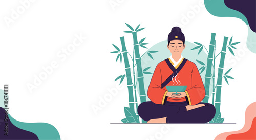 Calm man sitting in a meditation pose holding a steaming cup of tea in a tranquil bamboo forest setting for a zen wellness concept.