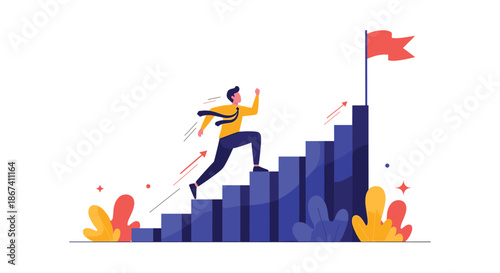 Determined businessman running up a rising bar graph staircase towards a red flag goal at the top representing success and ambition.
