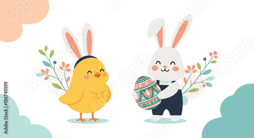 Cute little yellow chick and white rabbit character celebrating Easter with colorful decorated eggs and spring flowers on white.
