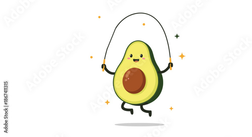 Cute cartoon avocado character is jumping rope with a happy expression and sparkles around it to promote a healthy and active lifestyle.