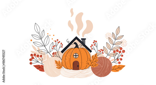 Cozy autumn illustration features a house made from a pumpkin surrounded by balls of yarn and berries and fallen leaves on white.