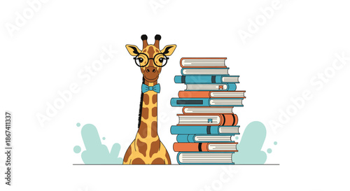 Intellectual giraffe wearing black glasses and a blue bowtie stands next to a very tall stack of colorful books on a plain background.