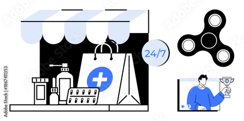 Medical supplies under storefront with 247 service tag, fidget spinner, and person holding trophy. Ideal for telemedicine, healthcare apps, wellness, online services, shopping, awards leisure