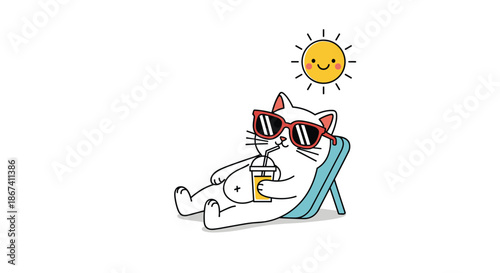 Cool white cat wearing red sunglasses relaxes on a blue beach chair while sipping a drink from a cup under a bright smiling sun mascot.