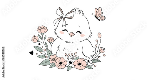 Sweet little baby chick cartoon character wearing a bow and sitting behind a bunch of pastel pink flowers and a butterfly.