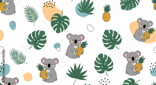 Adorable seamless pattern with cute koalas holding pineapples among tropical monstera and palm leaves for fabric prints.