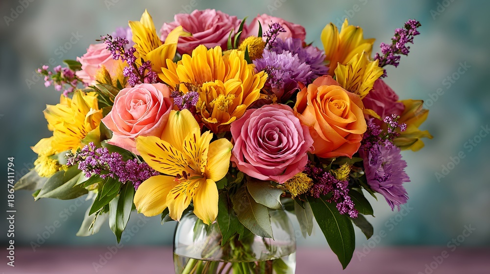 Obraz premium Lush floral arrangement in glass vase with pink roses, yellow lilies, and purple wildflowers. Vibrant spring bouquet for home decor.