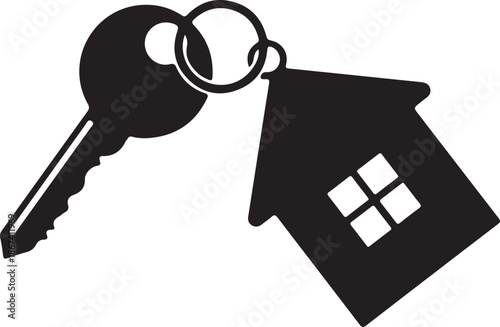 3D illustration of a metal house key on a ring as a symbol for real estate business success and security for a new home property sale or rent concept