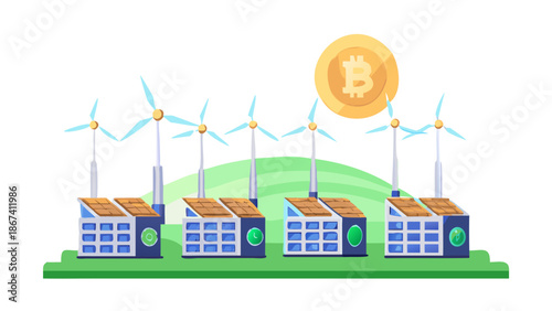 Flat vector of a solar-powered server farm with wind turbines, mining Bitcoin symbols, concept of sustainable and green crypto mining.