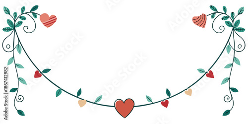 Decorative garland border with hearts and leaves, vector