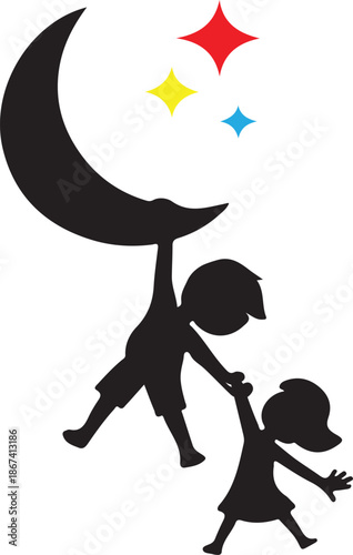 Children walking under the moon and stars Vector