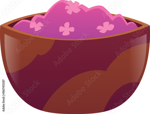 A brown round bowl with pink salt, powder, or soap, with flowers.