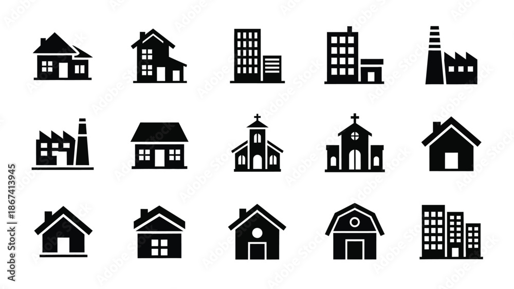 Fototapeta premium Collection of various house and building icons displayed together
