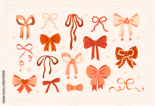 Cute festive collection of pretty bows in different shapes in warm red, peach, beige and cream colours with a charming vintage mood. Perfect for stickers, cards, prints and festive designs.
