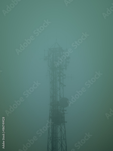 A communication mast or tall building disappearing into a dense misty sky. Concept of isolation and technology in the gloom. Foggy weather.