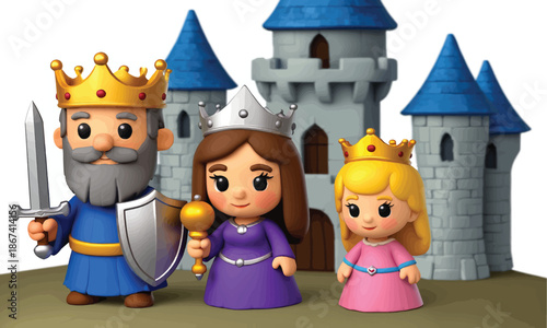 Charming illustration of a fantasy kingdom with a royal family (king, queen, princess) and their majestic castle