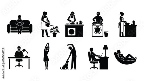 A collection of simple black silhouette icons depicting various daily activities