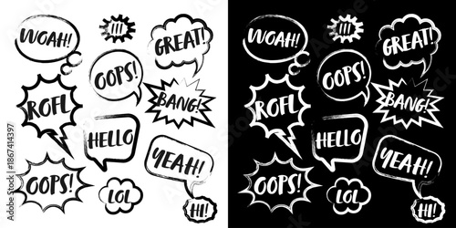 Grunge comic speech bubbles with handwritten text, brush strokes, ink smudges, acrylic stains or charcoal streaks. Hand drawn retro cartoon stickers. Chatting, message box. Vector illustration.