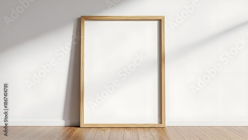 Blank vertical wooden picture frame mockup leaning against a clean white wall showcasing natural light and shadows casting soft diagonal patterns across the empty space perfect for artwork display.