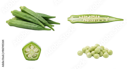 Fresh green okra displayed in multiple forms: whole pods, a halved pod showing seeds, a round cross-section slice, and a pile of seeds arranged on a clean white surface. High quality photo