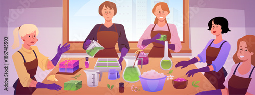 Women making handmade natural soap, vector cosmetic spa product creation, bathing aromatherapy cosmetic craft workshop