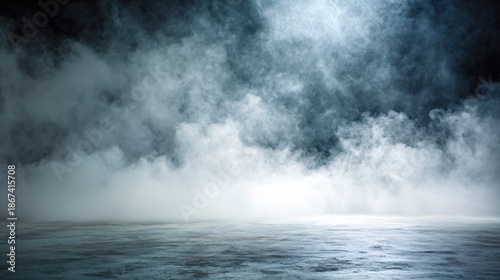 Misty smoky fog rising over reflective water surface in dark atmosphere