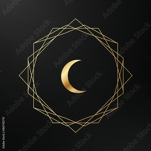 Golden Crescent Moon Encircled by Geometric Shapes on Dark Background