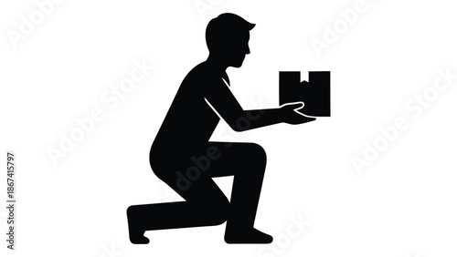 Delivery person kneeling while holding a package silhouetted against a white background