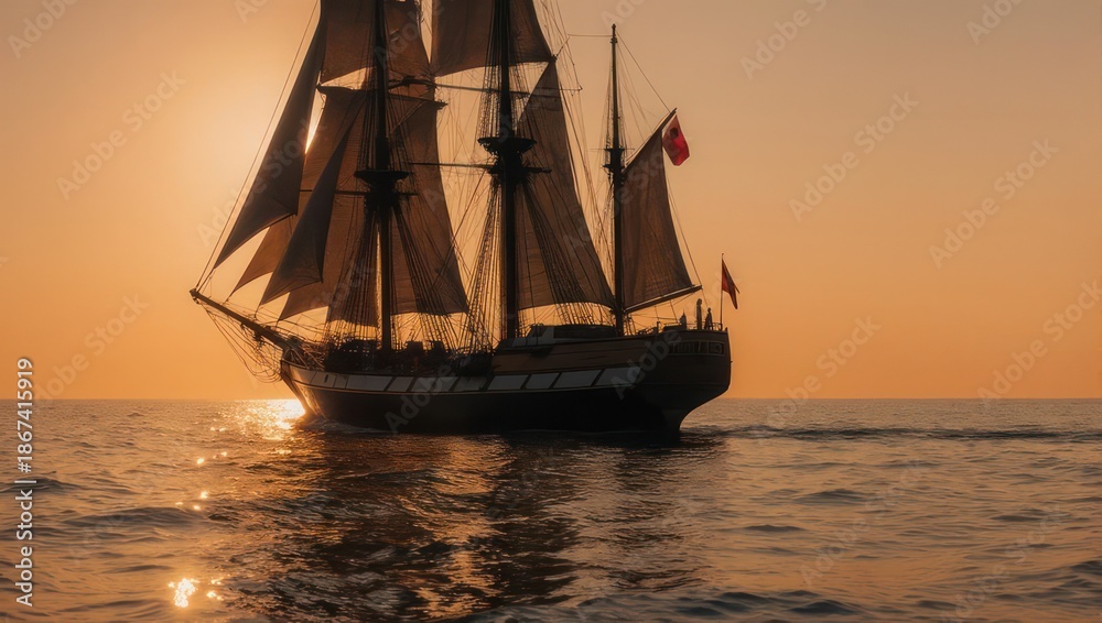 Fototapeta premium Majestic Tall Ship Sailing at Sunset - A Timeless Maritime Scene.