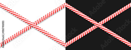 Barricade construction tape. Colorful police warning line, brightly colored danger or hazard stripe, ribbon. Restricted area, zone. Attention symbol. Vector illustration.