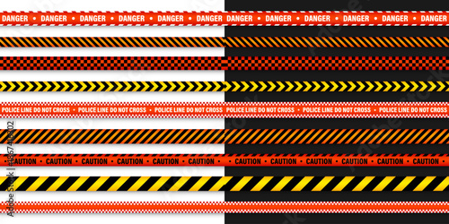 Barricade construction tape. Colorful police warning line, brightly colored danger or hazard stripe, ribbon. Restricted area, zone. Attention symbol. Vector illustration.