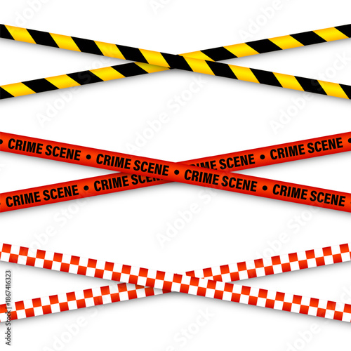 Barricade construction tape. Colorful police warning line, brightly colored danger or hazard stripe, ribbon. Restricted area, zone. Attention symbol. Vector illustration.