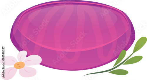 Round pink soap with a flower and green leaves, soap making.