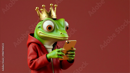 Crowned Frog Looking at Smartphone Screen