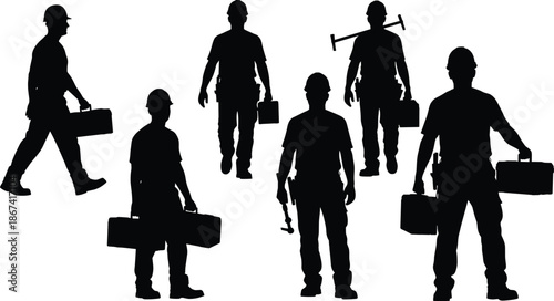 Construction worker silhouettes set carrying tools and toolboxes, professional builders walking and standing poses, industrial maintenance repair work concept isolated black vector illustration