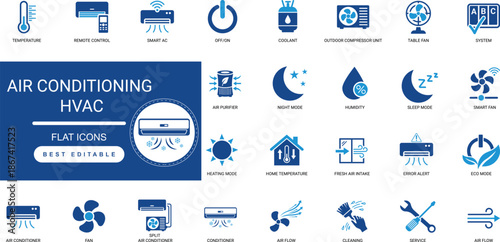 Air Conditioning HVAC Solid Icons Home Cooling Ventilation Smart Climate Control Temperature Remote Maintenance Appliance Professional Vector Set Editable 