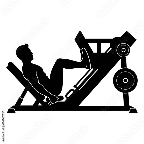 Silhouette of a man performing a leg press exercise on a weight machine