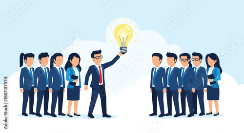 Professional businessman holding a glowing lightbulb idea while standing in front of two groups of colleagues.