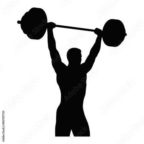 Silhouette of a weightlifter lifting a barbell overhead on a white background strength fitness