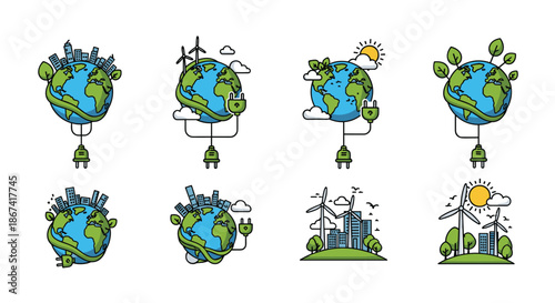 Set of various icons showing planet earth connected to green energy sources like plugs, windmills, and trees.