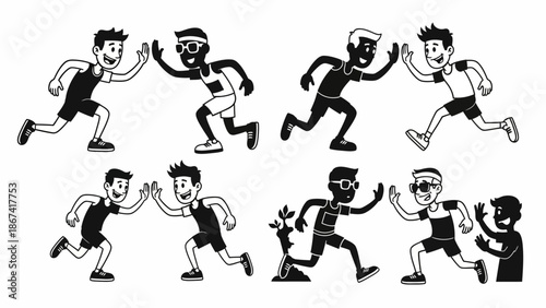 Group of diverse running boys giving high five in various dynamic poses set isolated on white background, comic characters jogging and celebrating success or teamwork collection