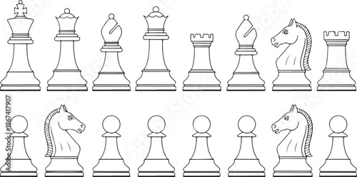 Minimalist vector set of white chess pieces. Complete collection with king, queen, rooks, bishops, knights, and pawns arranged neatly in a single clean illustration.eps