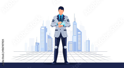 Illustration of a humanoid robot in a futuristic city setting showcasing technological advancement