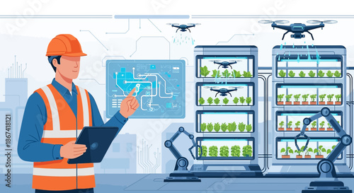 Illustration showcasing innovative and technologically advanced urban farming techniques and
