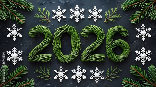 Wintry New Year Composition Featuring Pine Branches and Glittery Snowflakes on Dark Background