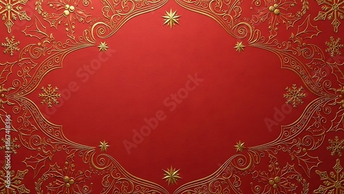 Ornate vintage red wallpaper background featuring a golden floral baroque frame and luxury gold ornament pattern for a festive Christmas holiday card or wedding invitation illustration design
