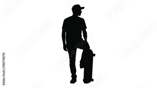 Silhouette of a man with a skateboard standing against a white background